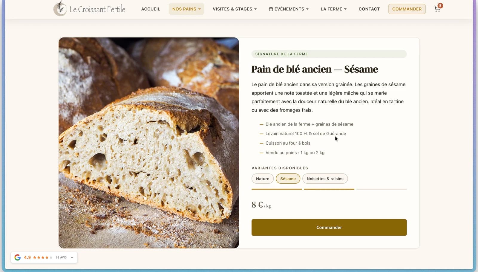 Le Croissant Fertile — fiche produit Pain de blé sésame